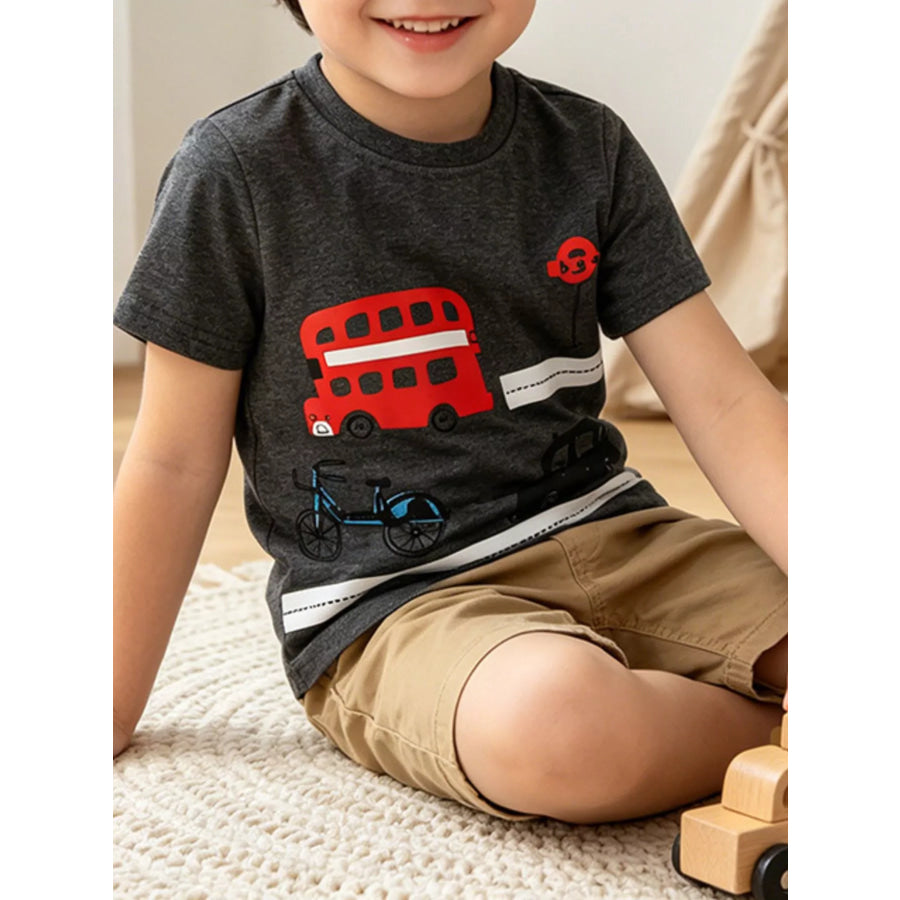 Children’s Bus Graphic Round Neck T-Shirt Dark Gray / 3T Apparel and Accessories