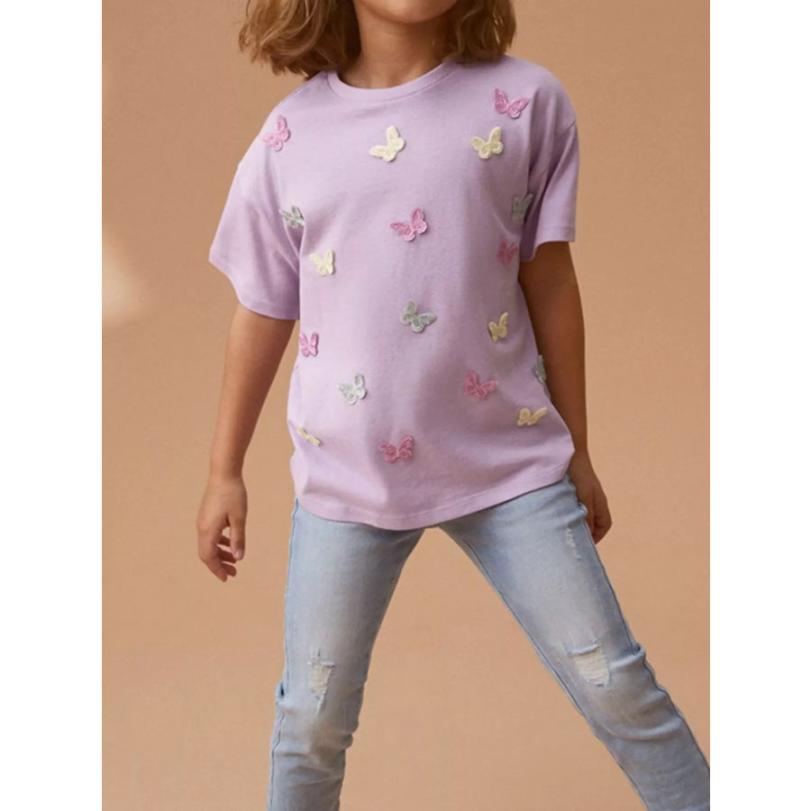 Children’s Butterfly Applique Crew Neck T-Shirt Pink Purple / 3Y Apparel and Accessories