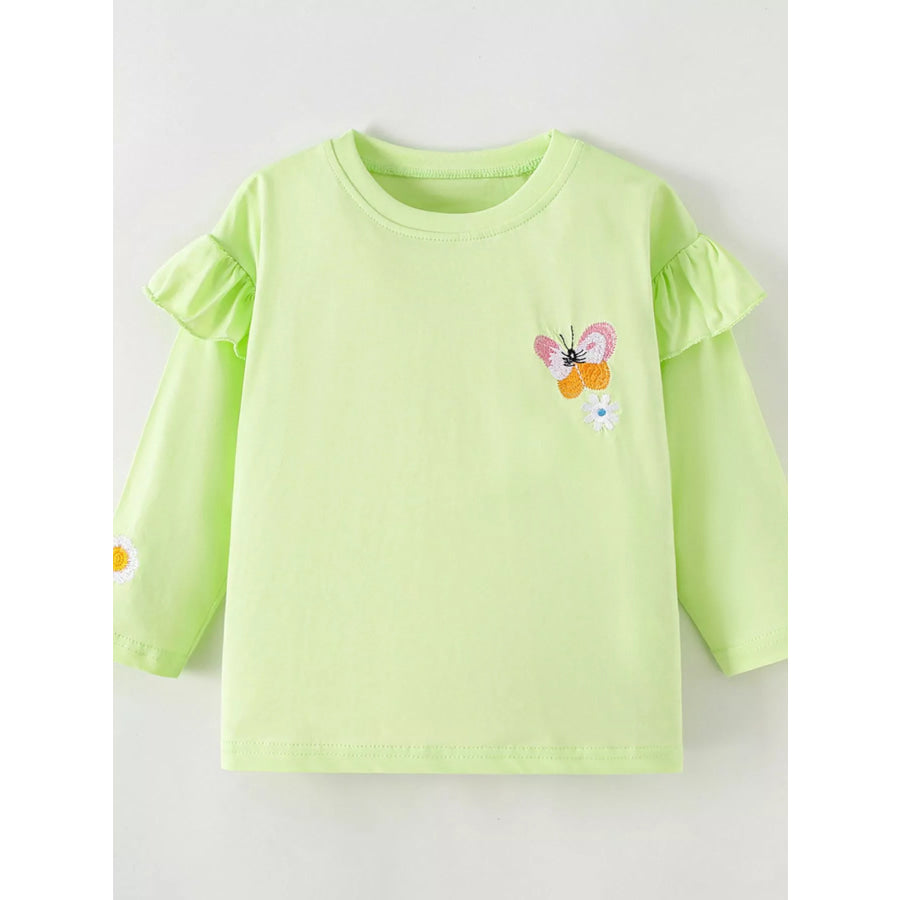 Children’s Butterfly Embroidered Ruffled Long Sleeve T-Shirt Gum Leaf / 3T Apparel and Accessories