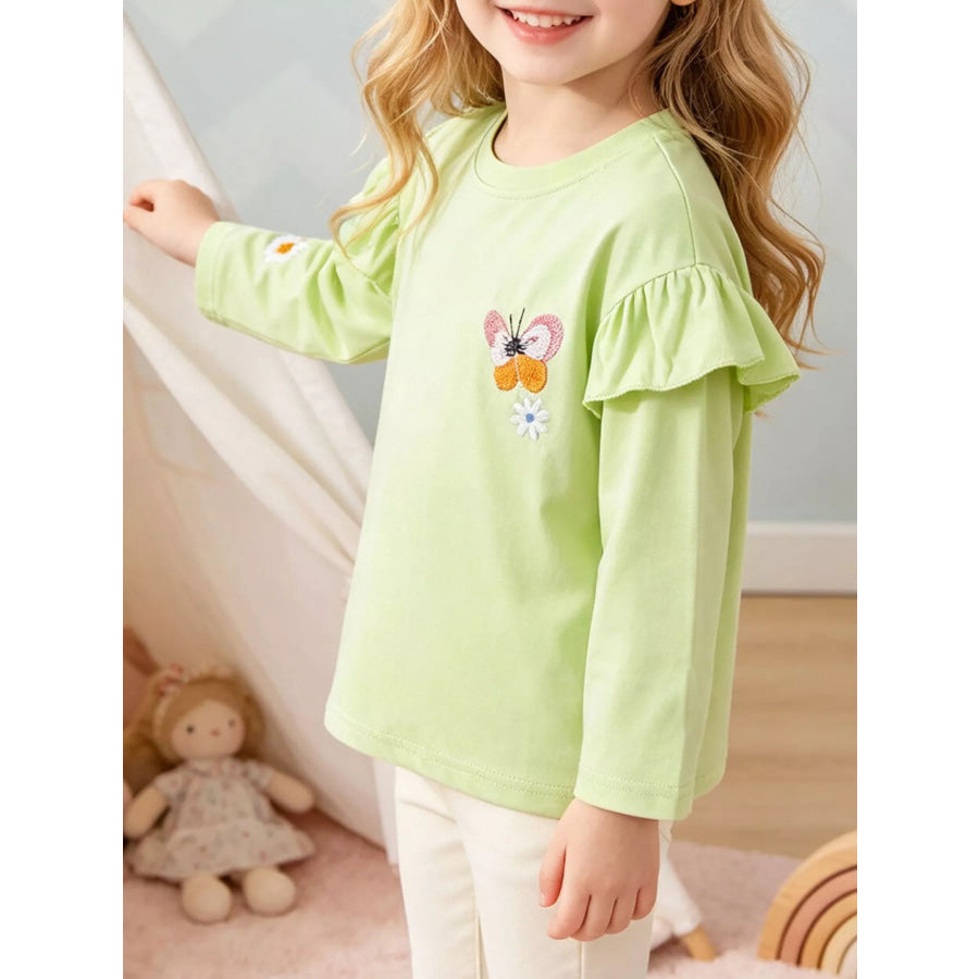 Children’s Butterfly Embroidered Ruffled Long Sleeve T-Shirt Gum Leaf / 3T Apparel and Accessories