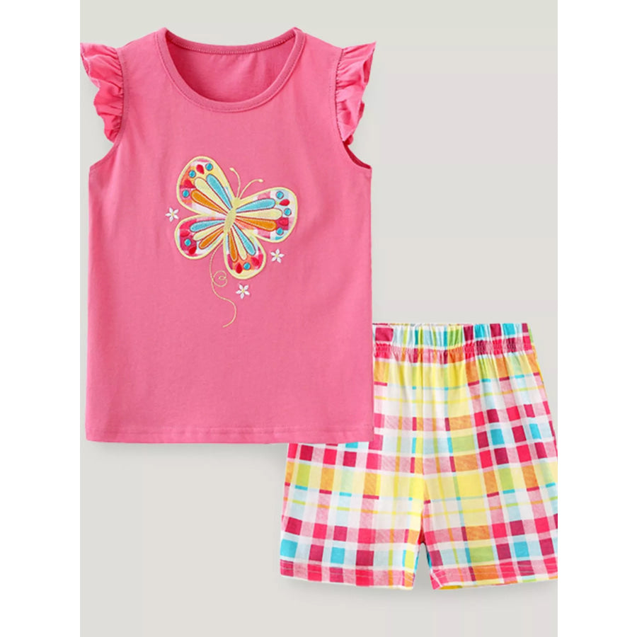 Children’s Butterfly Flutter Sleeve Top and Plaid Shorts Set Fuchsia Pink / 2Y Apparel and Accessories