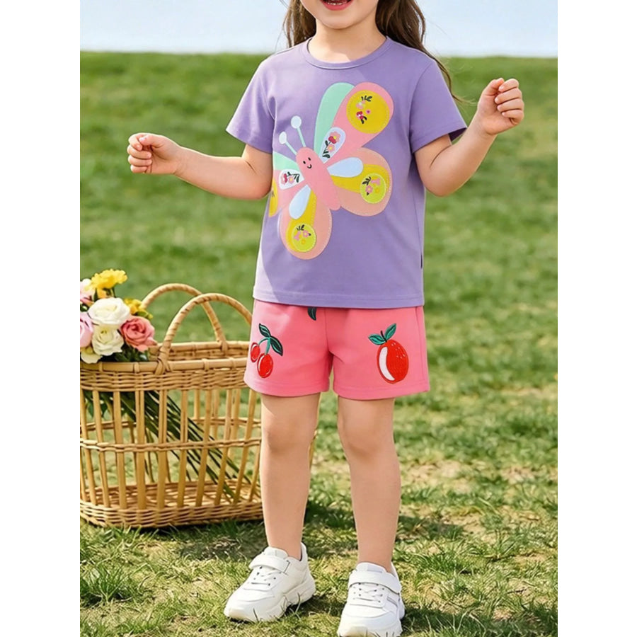 Children’s Butterfly Graphic Tee & Fruit Print Shorts Set Lavender / 2Y Apparel and Accessories