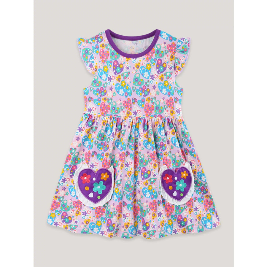 Children’s Butterfly & Heart Print Pocket Ruffle Sleeve Dress Multicolor / 2Y Apparel and Accessories