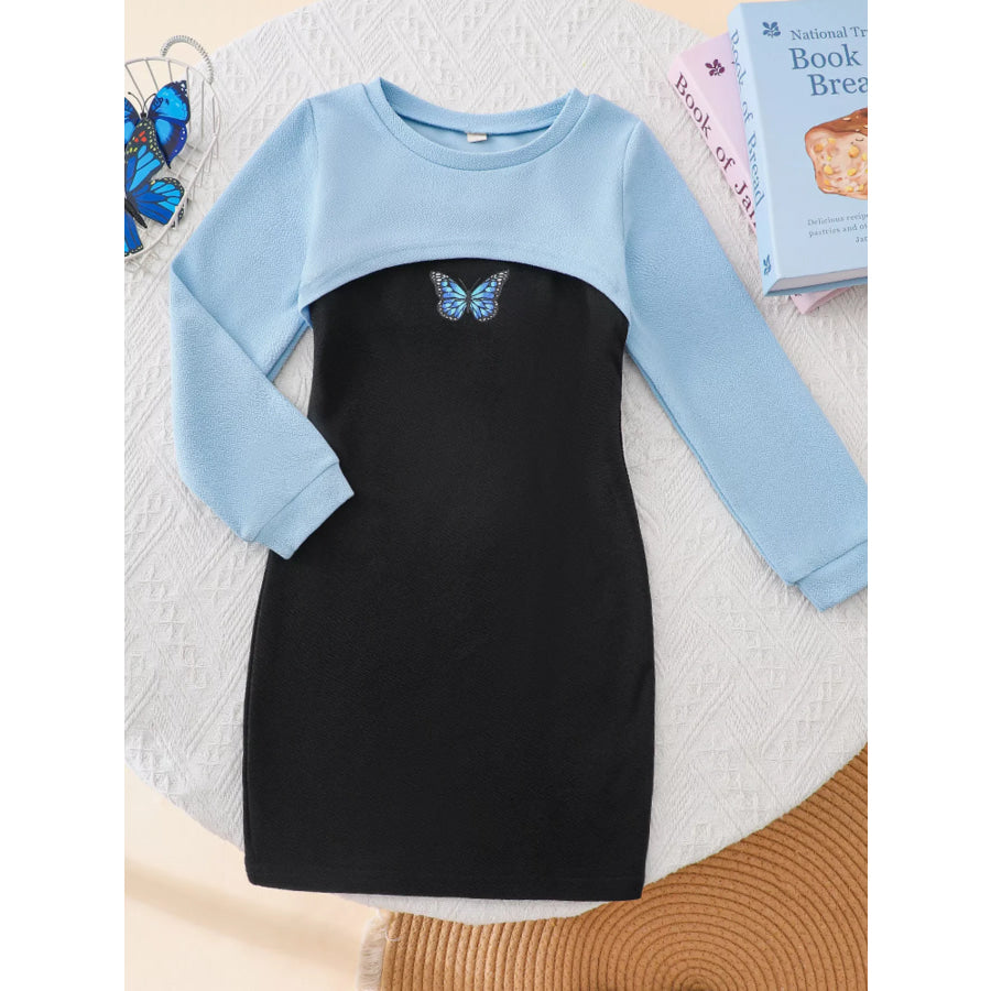 Children’s Butterfly Long Sleeve Casual Dress Set Light Blue / 5T Apparel and Accessories