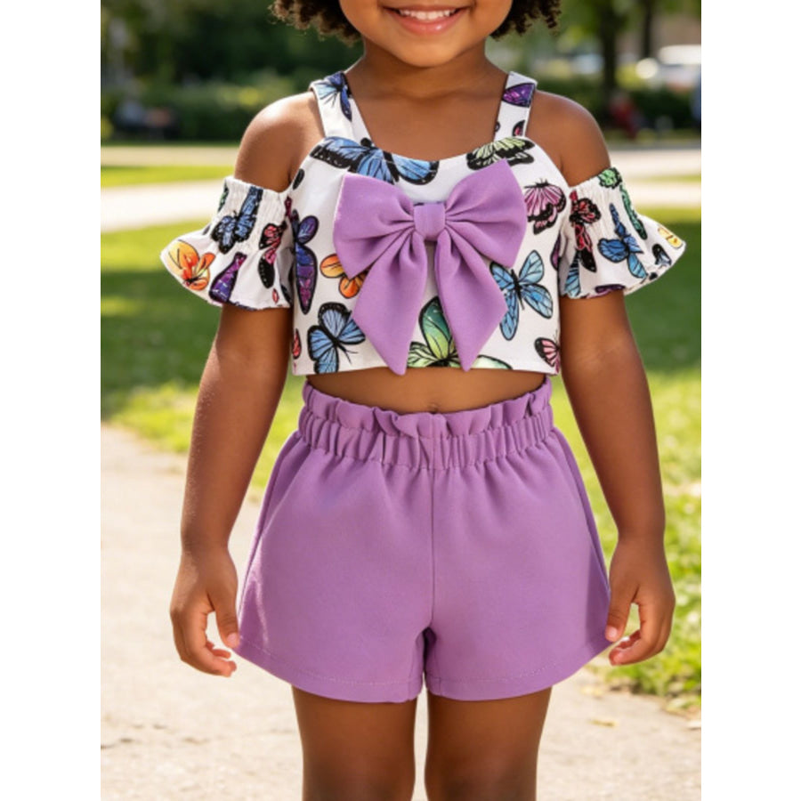 Children’s Butterfly Print Bowknot Crop Top & Ruffle Shorts Set Violet / 6-12M Apparel and Accessories