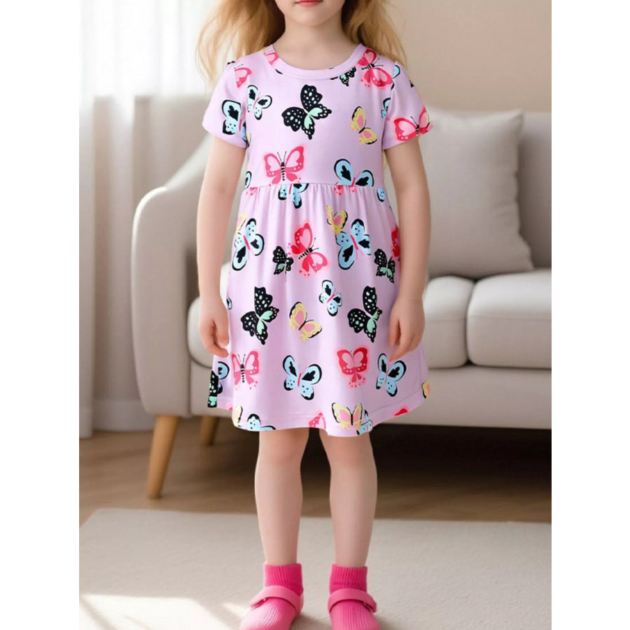 Children’s Butterfly Print Casual Dress Pink Purple / 3Y Apparel and Accessories