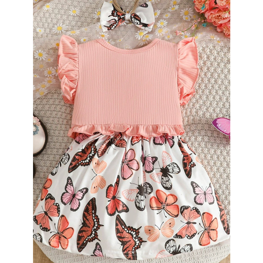 Children’s Butterfly Print Dress and Ruffle Trim Cardigan Set with Headband Pink / 6-9M Apparel and Accessories
