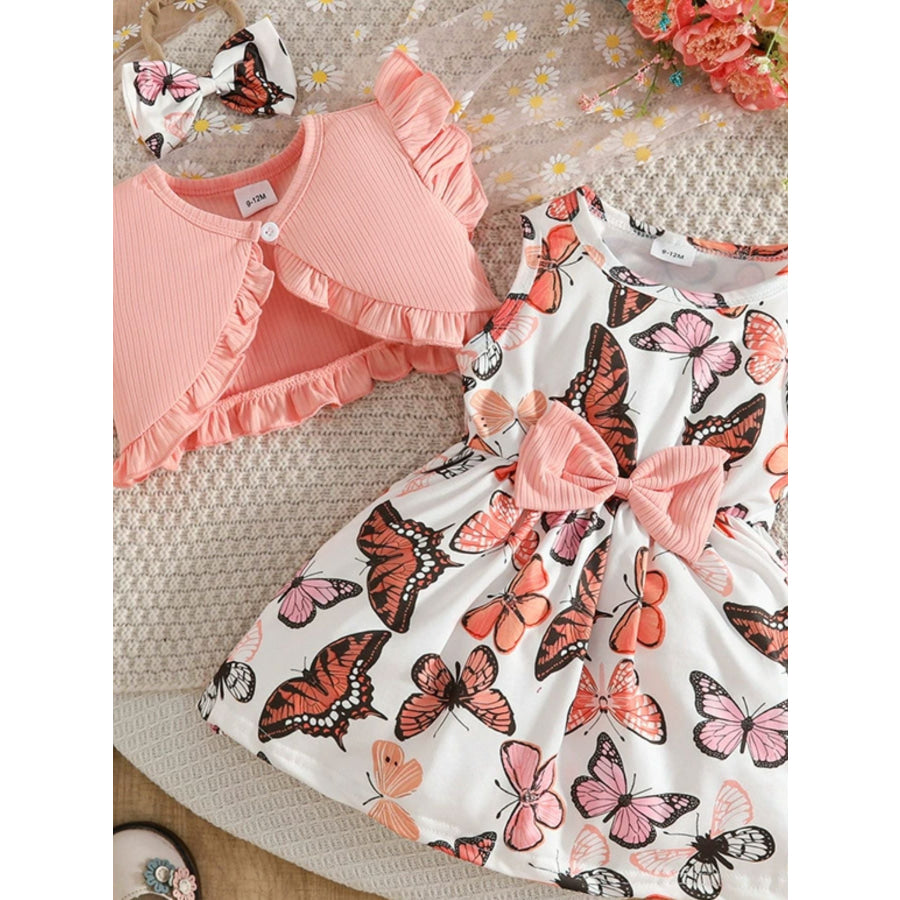 Children’s Butterfly Print Dress and Ruffle Trim Cardigan Set with Headband Pink / 6-9M Apparel and Accessories