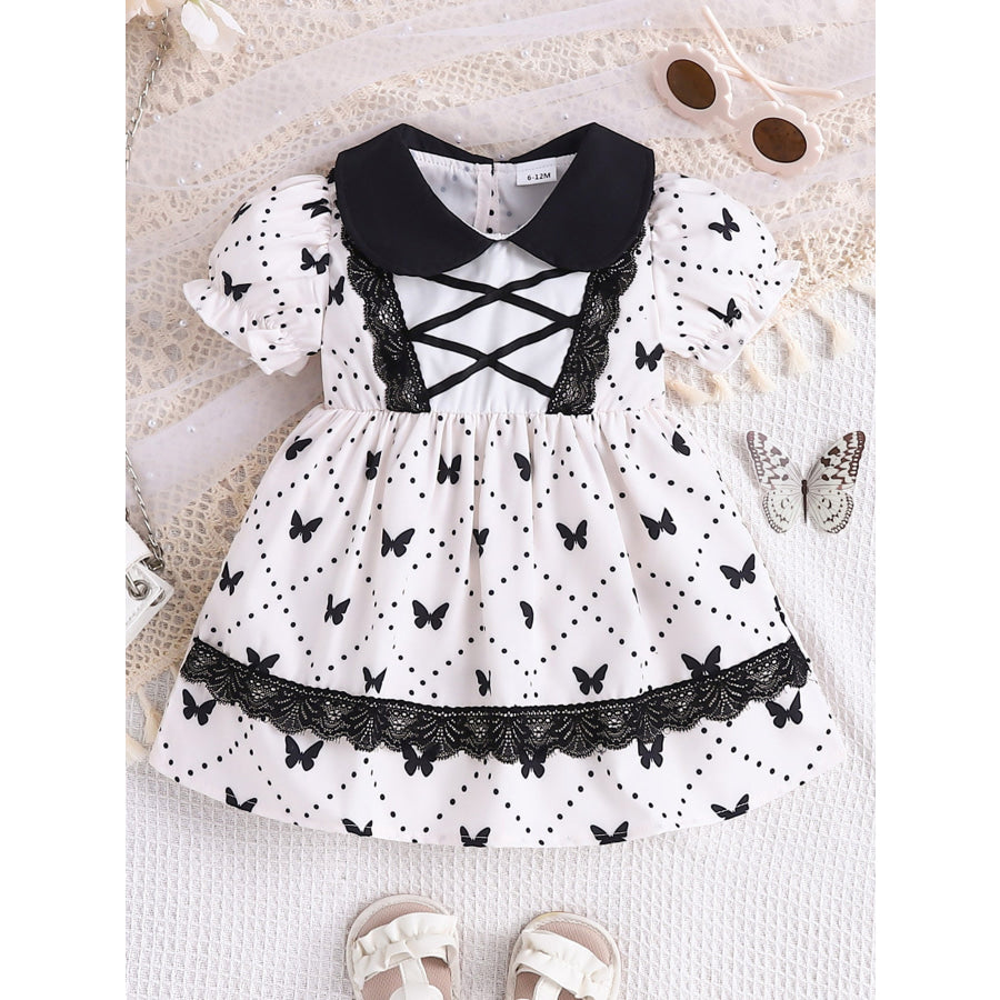 Children’s Butterfly Print Lace Trim Peter Pan Collar Dress Apparel and Accessories