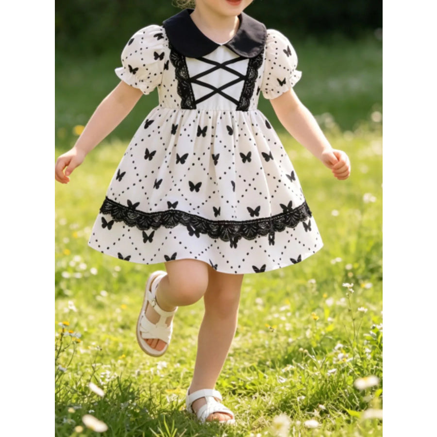 Children’s Butterfly Print Lace Trim Peter Pan Collar Dress White / 6-12M Apparel and Accessories
