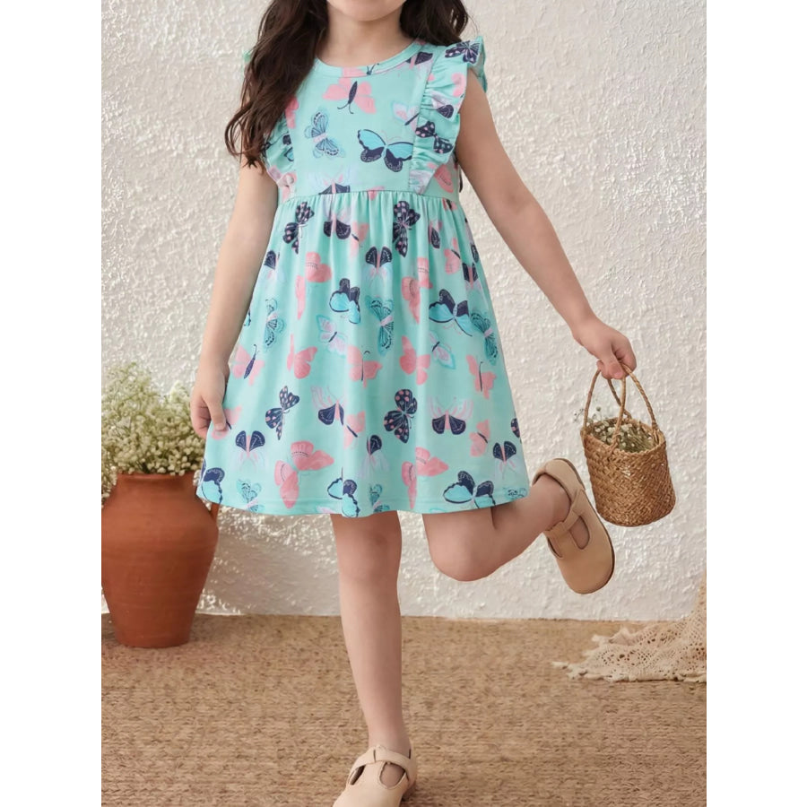 Children’s Butterfly Print Ruffle Sleeve Dress Lake Blue / 2-3 Apparel and Accessories