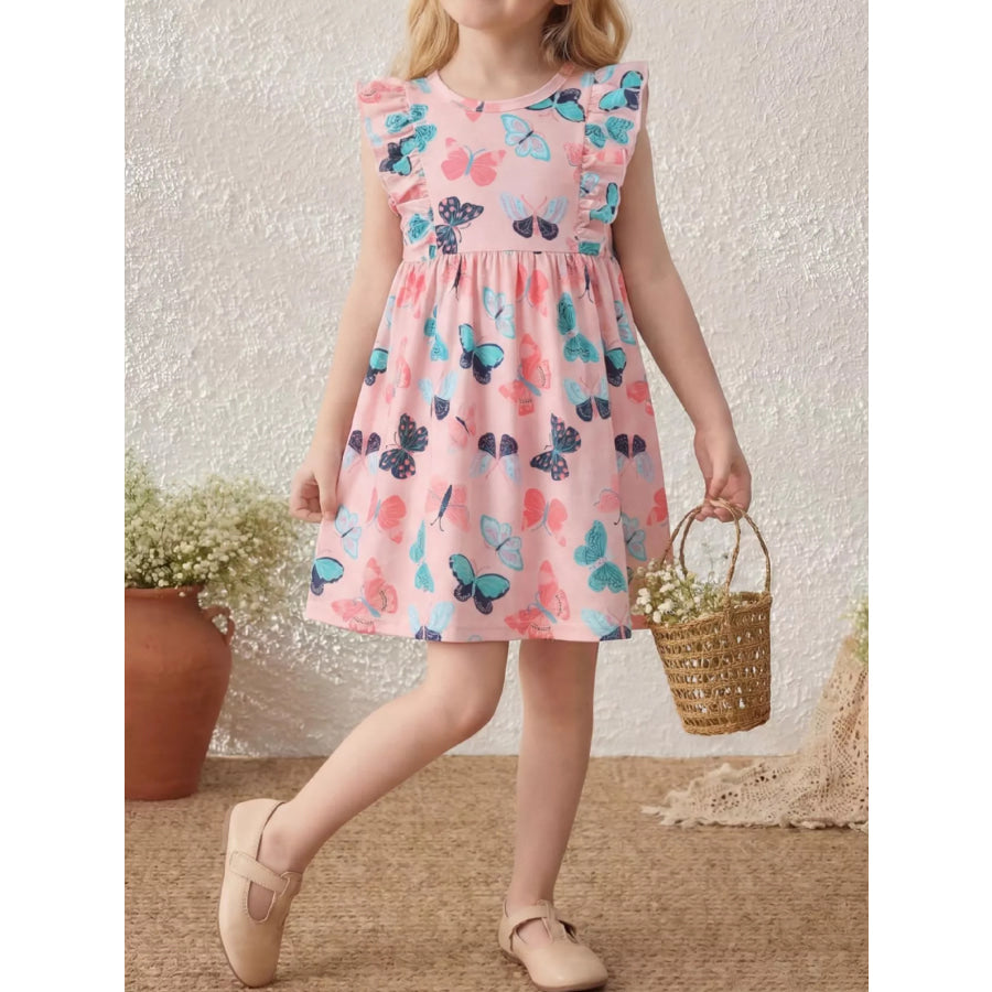 Children’s Butterfly Print Ruffle Sleeve Dress Pink / 2-3 Apparel and Accessories