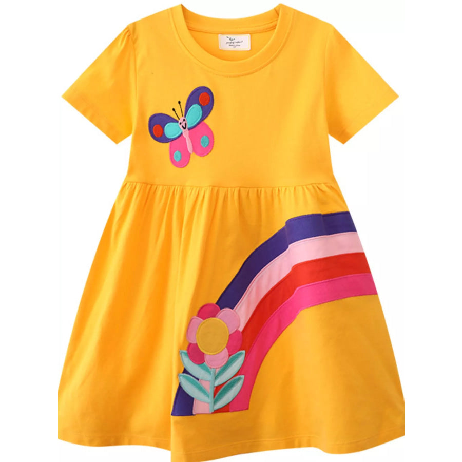 Children’s Butterfly & Rainbow Round Neck Casual Dress Gold / 2T Apparel and Accessories