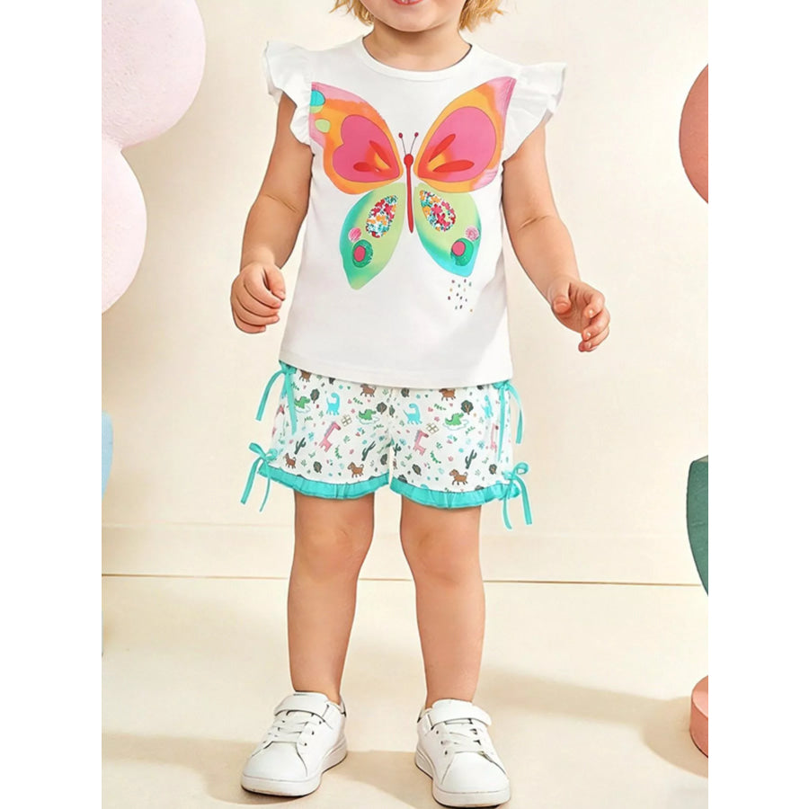 Children’s Butterfly Ruffle Sleeve Top and Animal Print Shorts Set White / 2Y Apparel and Accessories
