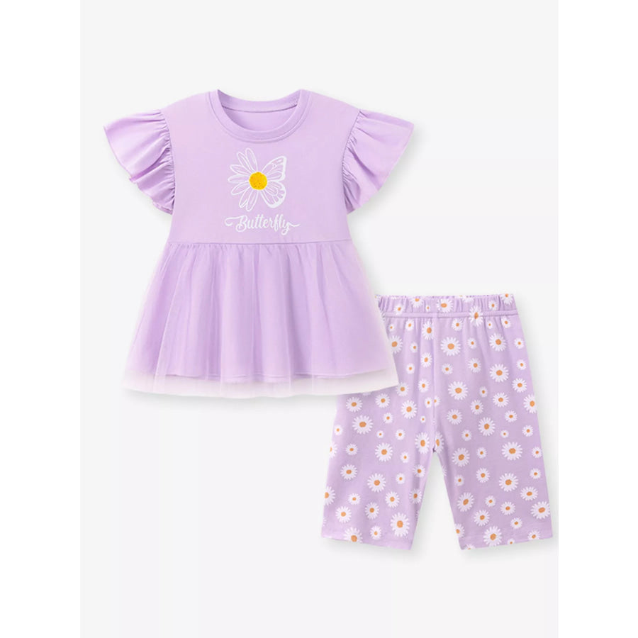 Children’s Butterfly Ruffle Sleeve Top & Daisy Print Leggings Set Apparel and Accessories