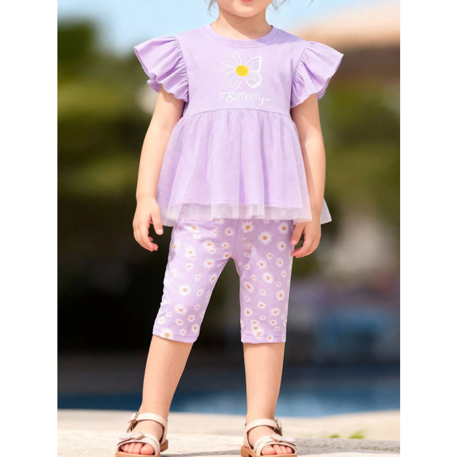Children’s Butterfly Ruffle Sleeve Top & Daisy Print Leggings Set Pink Purple / 2Y Apparel and Accessories