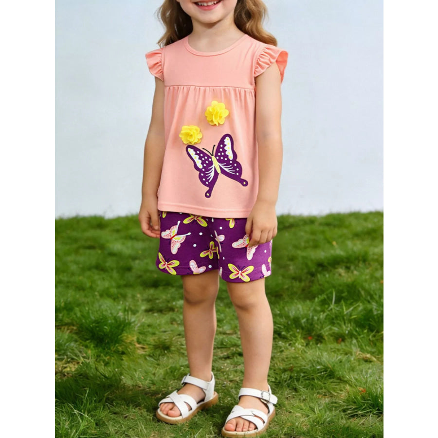 Children’s Butterfly Ruffle Sleeve Top & Shorts Set Watermelon pink / 2Y Apparel and Accessories