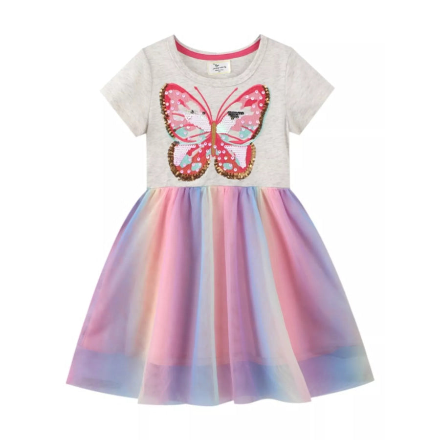 Children’s Butterfly Sequin Rainbow Tulle Dress Light Gray / 2T Apparel and Accessories