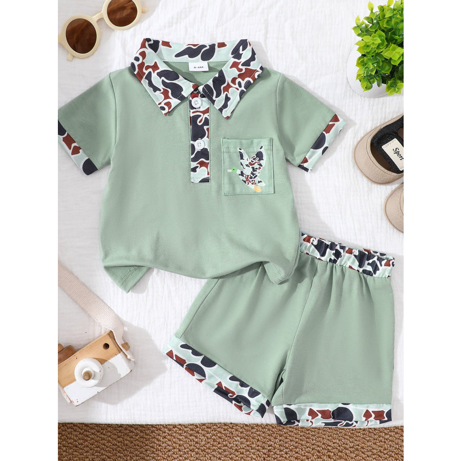 Children’s Button Detail Polo Shirt & Shorts Set Sage / 0-6M Apparel and Accessories