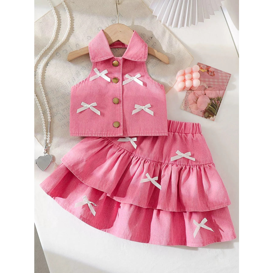 Children’s Button UP Vest and Skirt Denim Set Pink / 4Y Apparel and Accessories