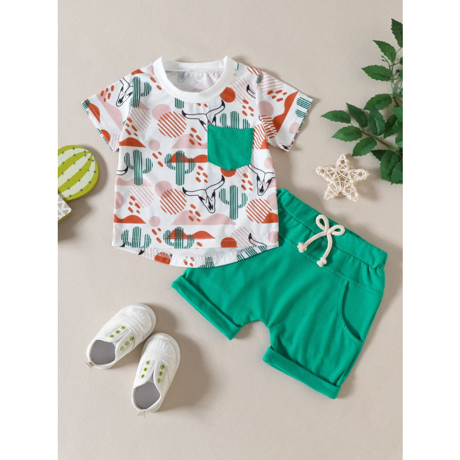 Children’s Cactus Cowboy Print Pocket Tee & Shorts Set Green / 0-6M Apparel and Accessories