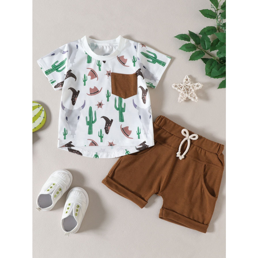 Children’s Cactus Cowboy Print Pocket Tee & Shorts Set Light Brown / 0-6M Apparel and Accessories