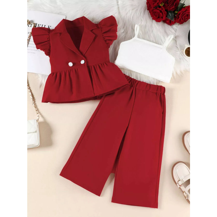 Children’s Cami & Ruffle Sleeve Top & Wide Leg Pants Set Wine Red / 2-3 Apparel and Accessories