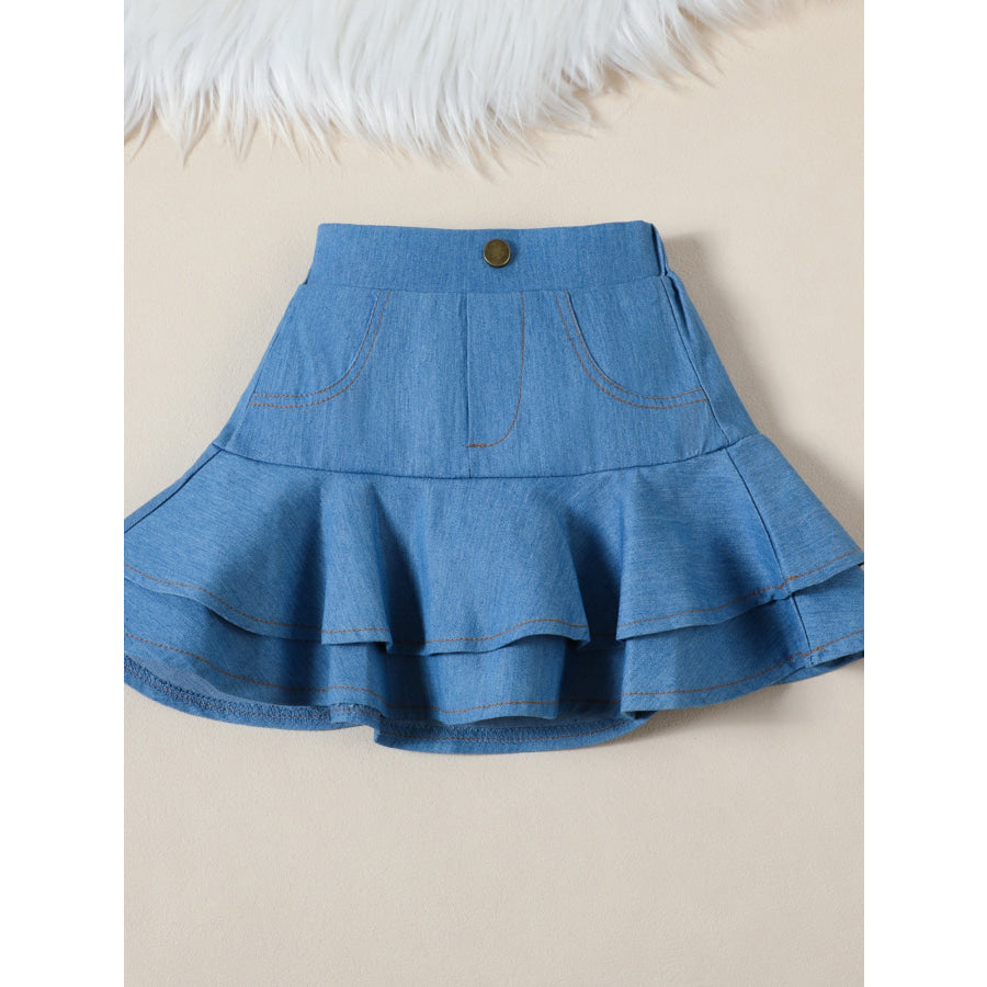 Children’s Cami & Star Print Mesh Top & Ruffle Denim Skirt Set Apparel and Accessories