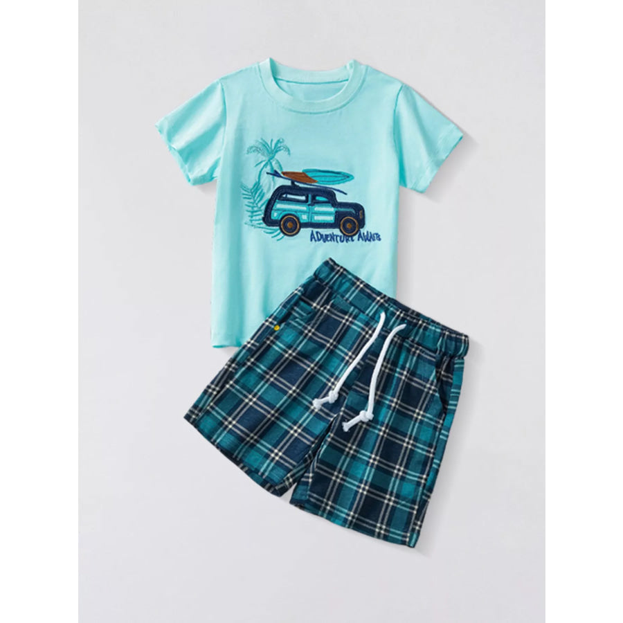 Children’s Car Graphic Short Sleeve Tee and Plaid Shorts Set Aqua / 3Y Apparel and Accessories
