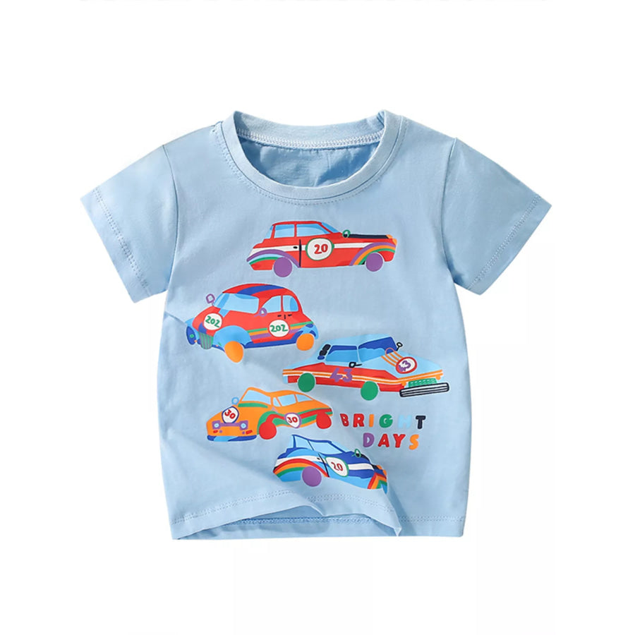 Children’s Car Print Crew Neck Short Sleeve T-Shirt Pastel Blue / 3Y Apparel and Accessories