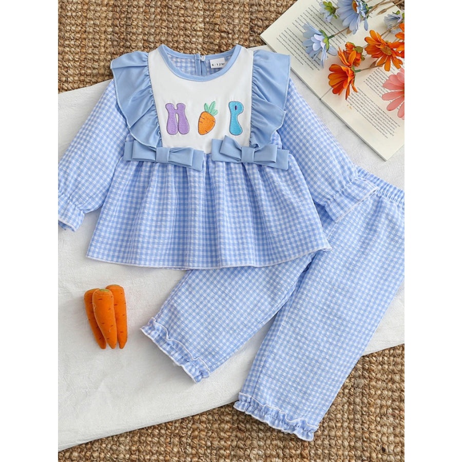 Children’s Carrot Embroidered Gingham Top and Pants Set Sky Blue / 6-12M Apparel and Accessories
