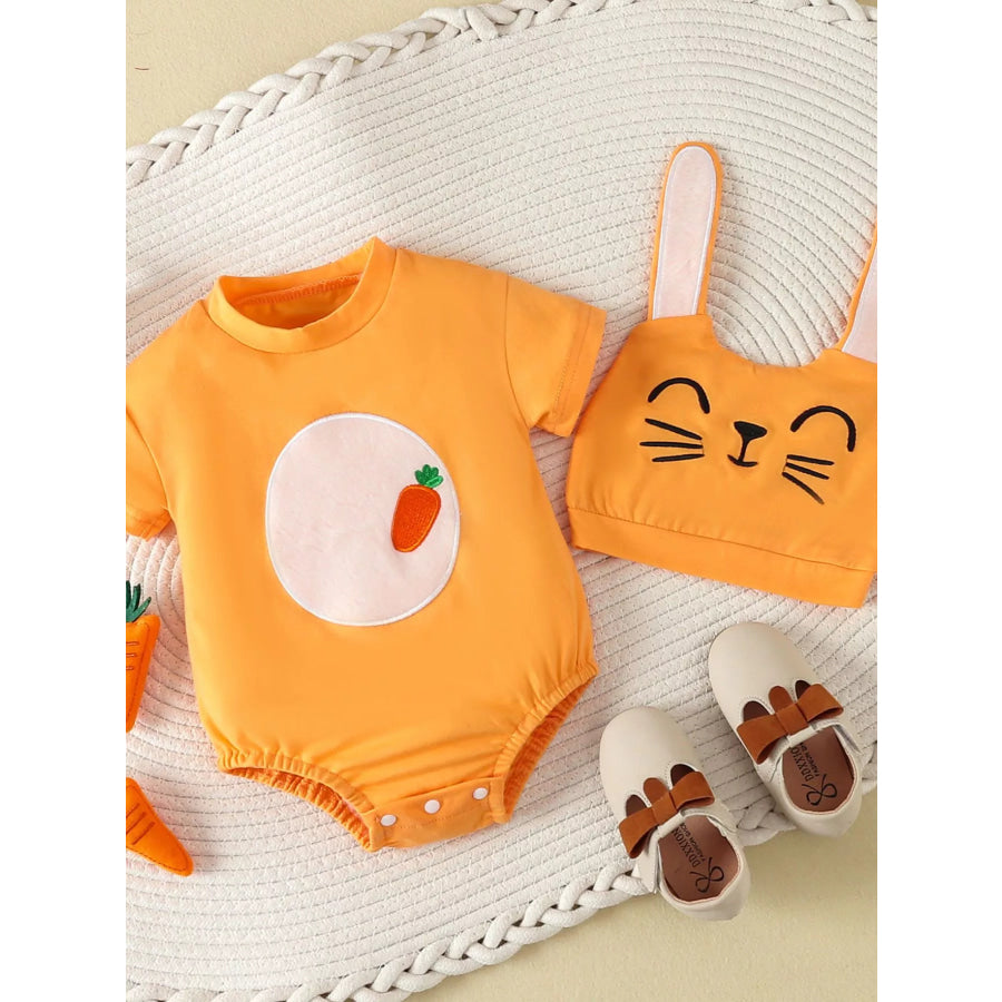 Children’s Carrot Embroidered Round Neck One-Piece & Hat Set Orange / 0-3M Apparel and Accessories