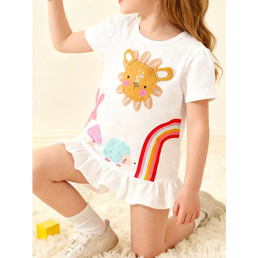 Children’s Cartoon Animal Graphic Ruffle Hem T-Shirt Apparel and Accessories