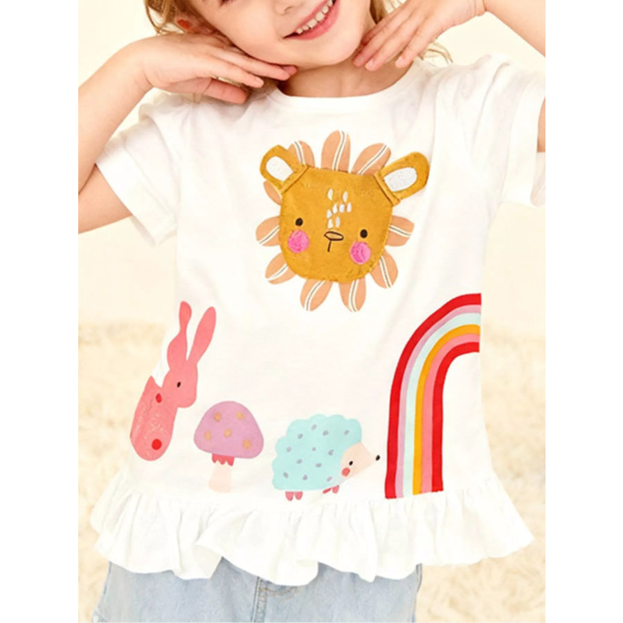 Children’s Cartoon Animal Graphic Ruffle Hem T-Shirt White / 2T Apparel and Accessories
