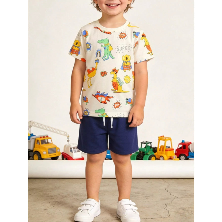 Children’s Cartoon Animal Print Tee and Shorts Set Pastel Yellow / 2Y Apparel and Accessories