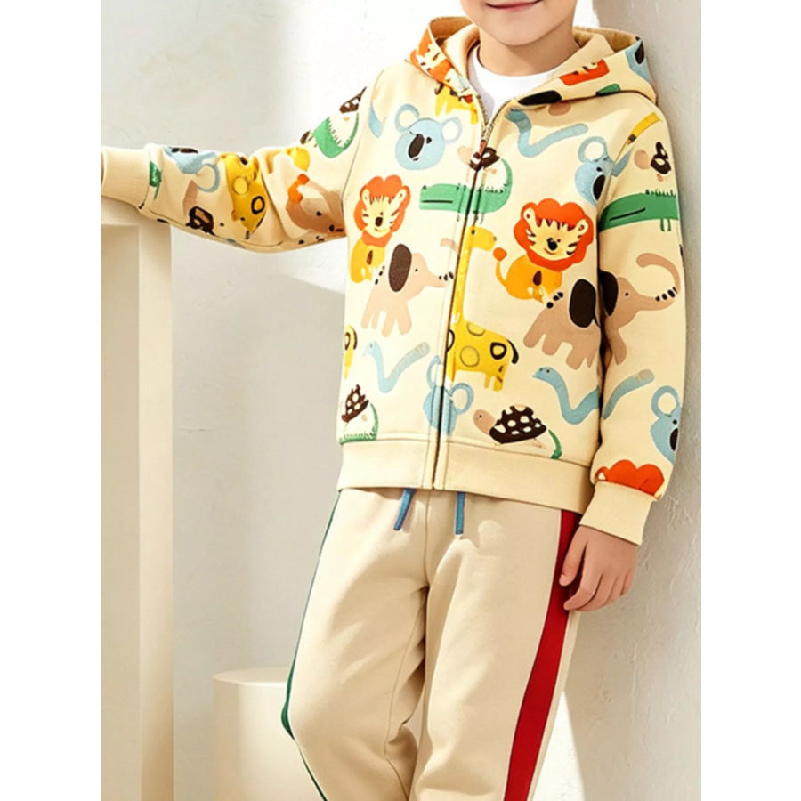 Children’s Cartoon Animal Print Zip-Up Hoodie and Pants Set Pastel Yellow / 2Y Apparel Accessories