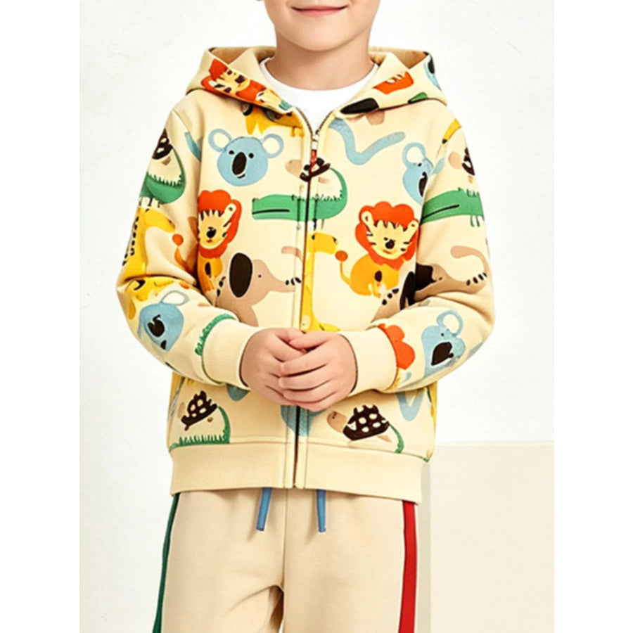 Children’s Cartoon Animal Print Zip-Up Hoodie and Pants Set Apparel Accessories