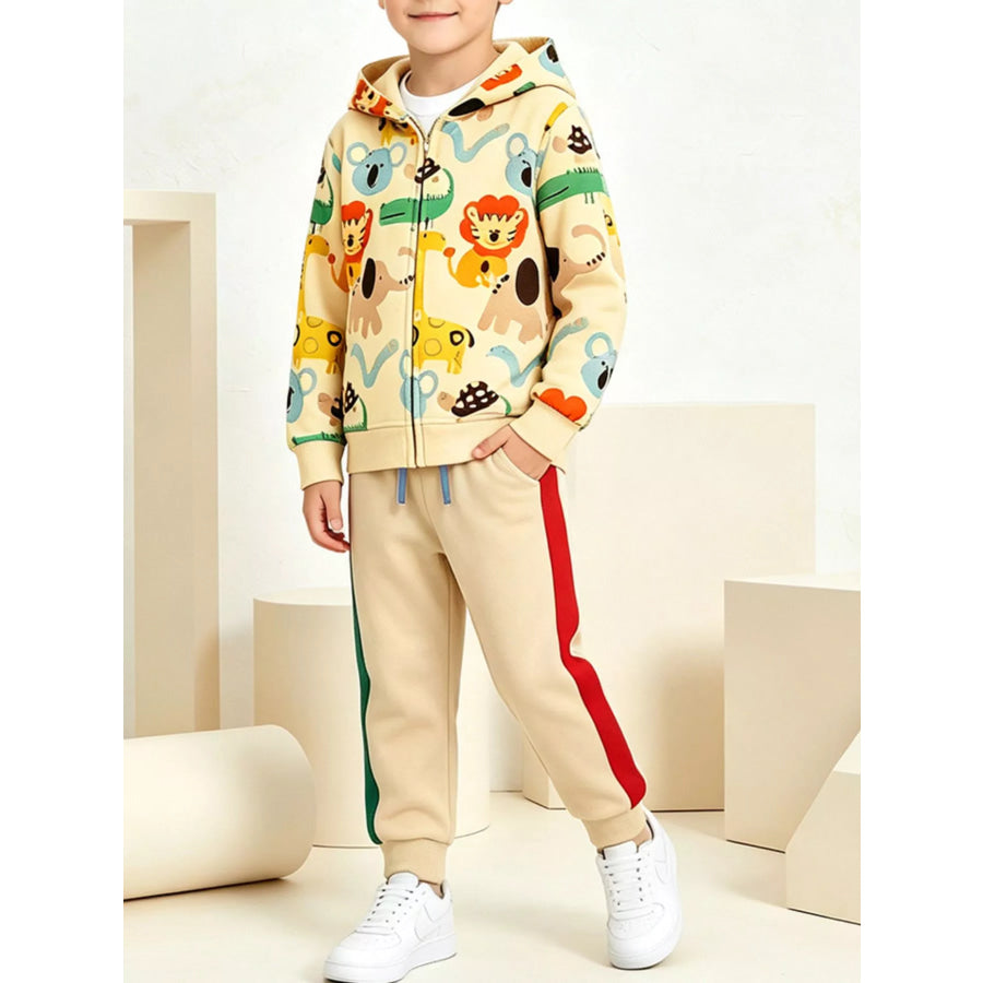 Children’s Cartoon Animal Print Zip-Up Hoodie and Pants Set Pastel Yellow / 2Y Apparel Accessories