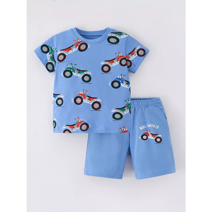 Children’s Cartoon ATV Print Tee and Shorts Set Sky Blue / 3Y Apparel and Accessories