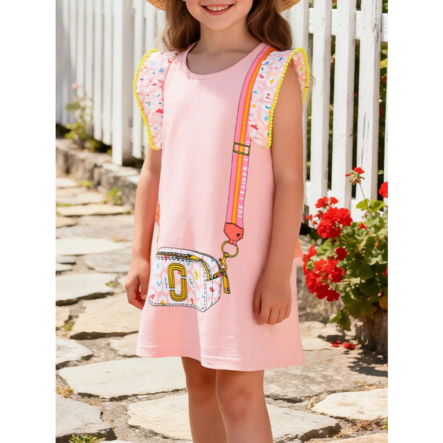 Children’s Cartoon Bag Print Ruffled Dress Blush Pink / 2Y Apparel and Accessories