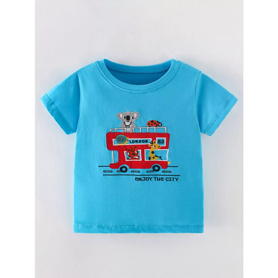 Children’s Cartoon Bus Embroidery Short Sleeve T-Shirt Sky Blue / 4Y Apparel and Accessories