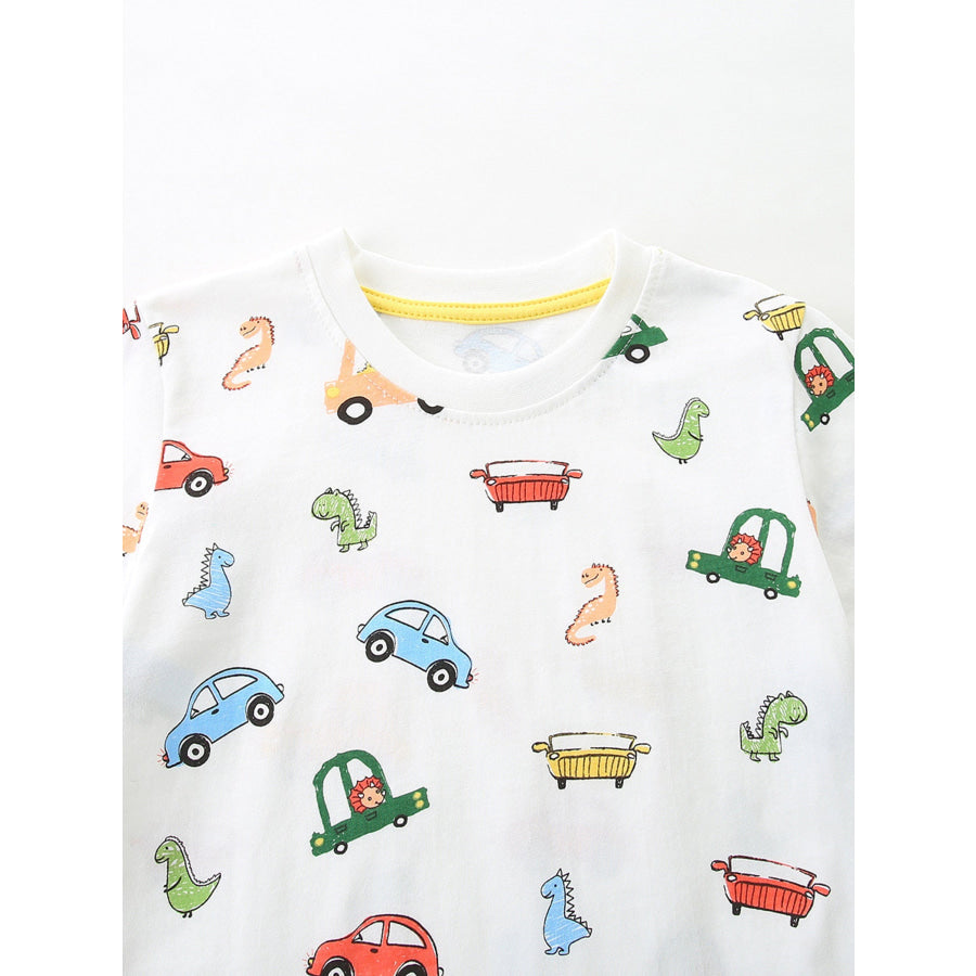 Children’s Cartoon Car & Dinosaur Print Crew Neck Short Sleeve T-Shirt Apparel and Accessories