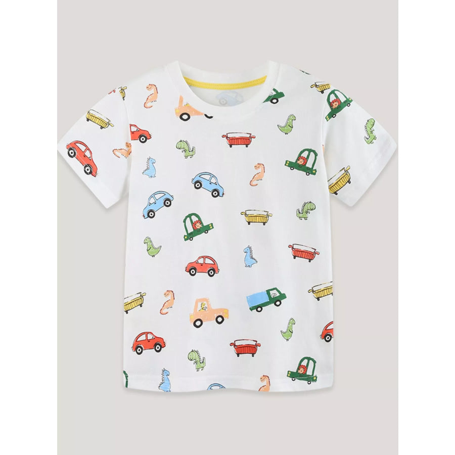 Children’s Cartoon Car & Dinosaur Print Crew Neck Short Sleeve T-Shirt Apparel and Accessories