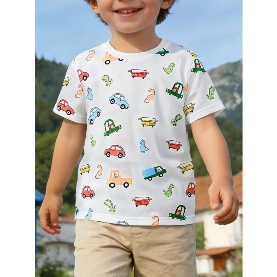 Children’s Cartoon Car & Dinosaur Print Crew Neck Short Sleeve T-Shirt White / 2Y Apparel and Accessories