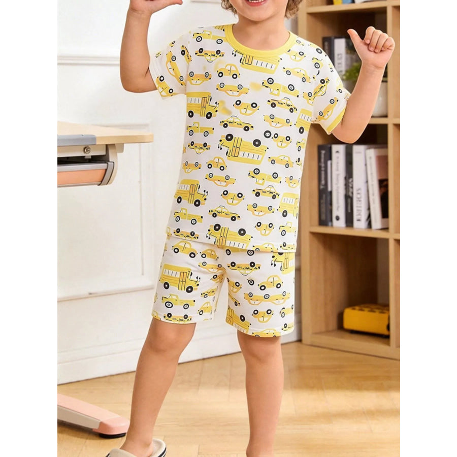 Children’s Cartoon Car Print Short Sleeve Pajama Set Light Yellow / 3Y Apparel and Accessories