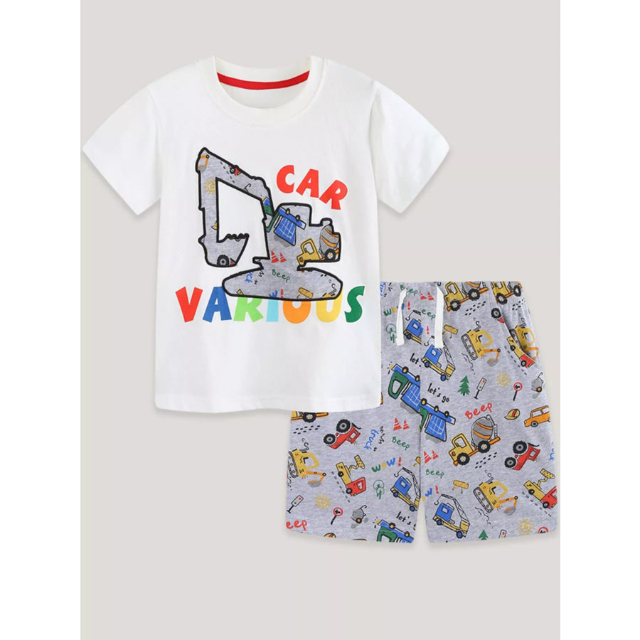 Children’s Cartoon Car Print Short Sleeve Tee and Shorts Set Apparel and Accessories