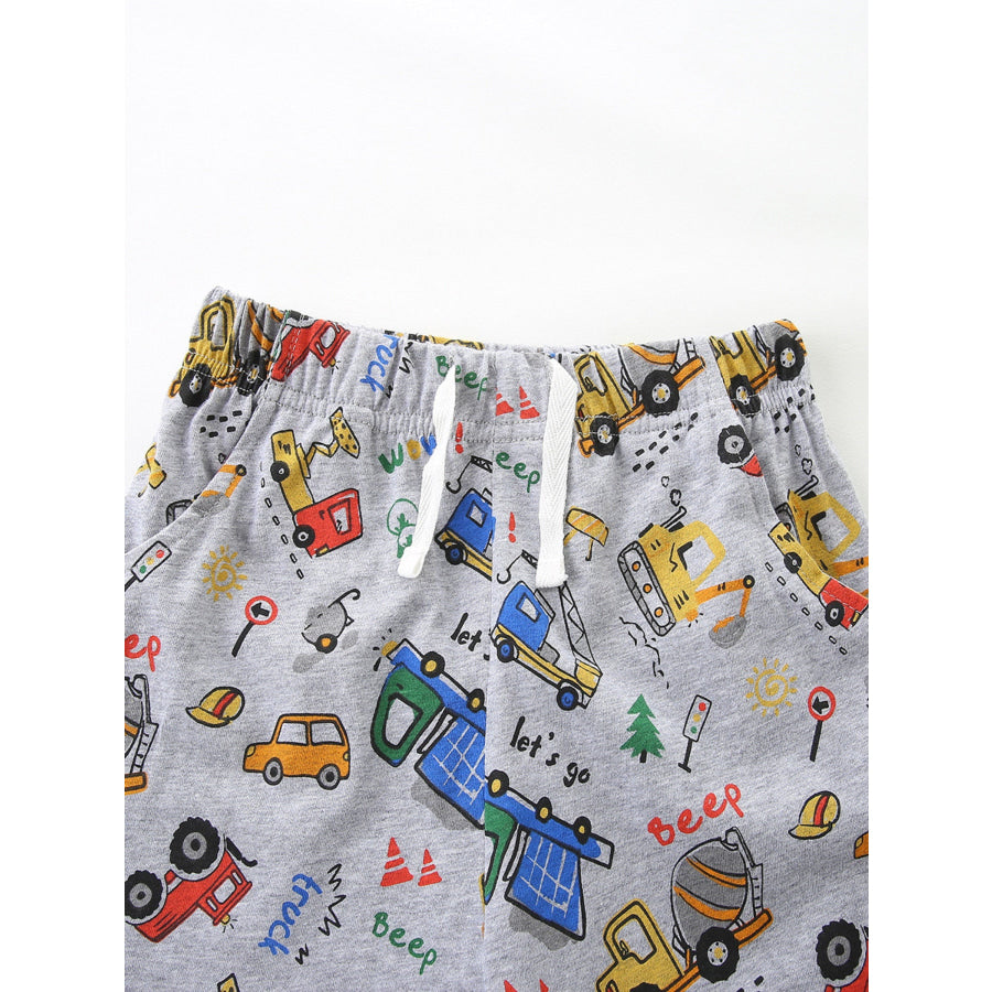 Children’s Cartoon Car Print Short Sleeve Tee and Shorts Set Apparel and Accessories