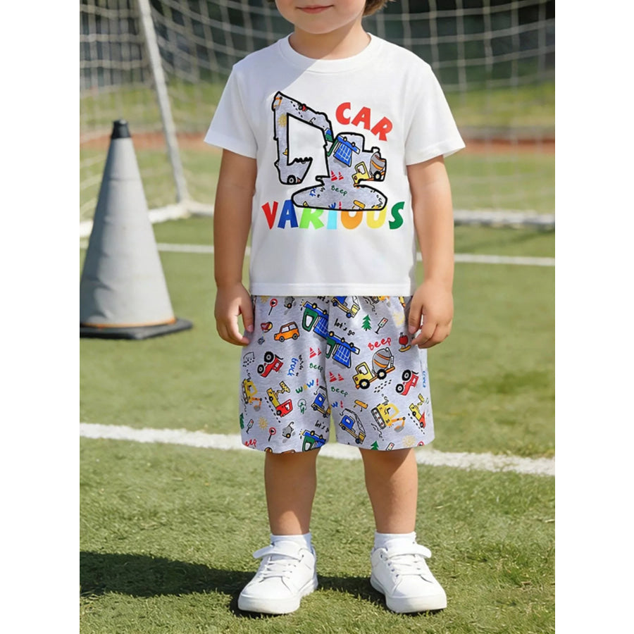 Children’s Cartoon Car Print Short Sleeve Tee and Shorts Set White / 2Y Apparel and Accessories