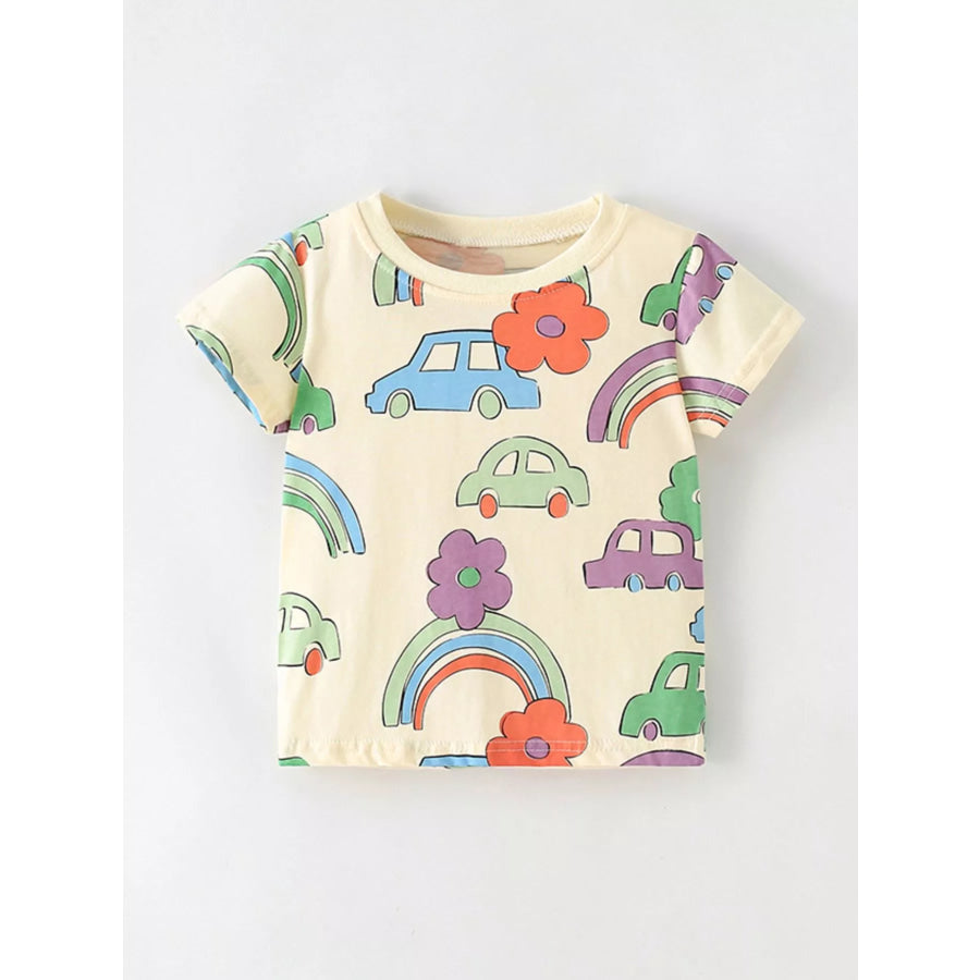 Children’s Cartoon Car & Rainbow Print Short Sleeve T-Shirt Beige / 3Y Apparel and Accessories