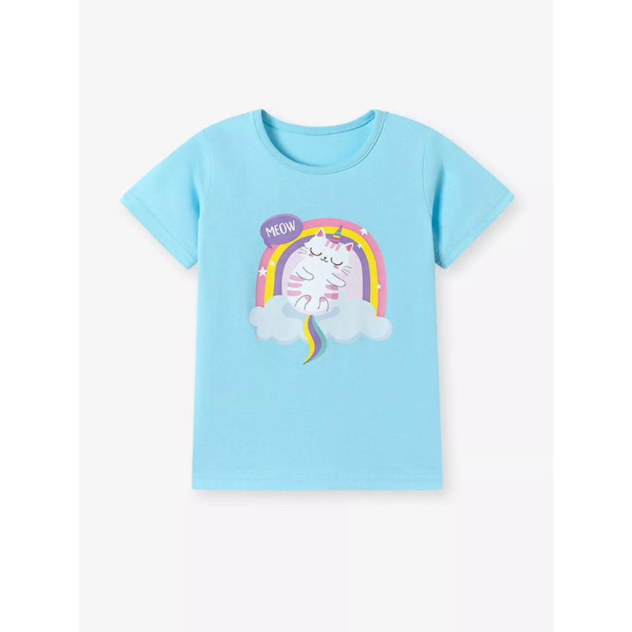 Children’s Cartoon Cat Rainbow Graphic Tee Pastel Blue / 2Y Apparel and Accessories